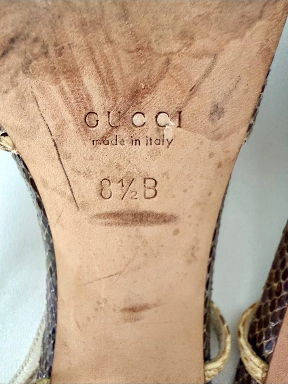 GUCCI | Vintage Snakeskin Bow Ankle Tie Stiletto Sandal Heels Brown Size 8.5B